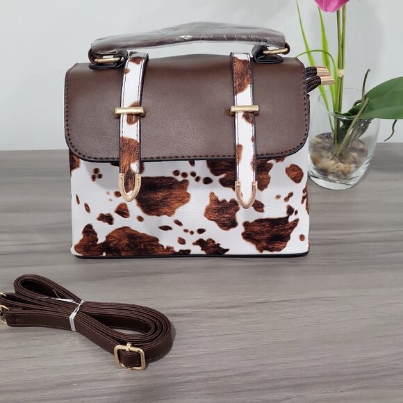 Cool Brown Cow-Print Vegan Leather Shoulder & Crossbody Bag w/ Magnetic Closure - Picture 4 of 6